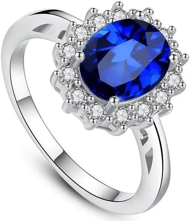 Alt view image 3 of 7 - 14K White Gold-Plated 1.80 CTW Oval Sparkling Blue Halo CZ Cubic Zirconia Anniversary Statement Cocktail Party Ring Gift 8.5