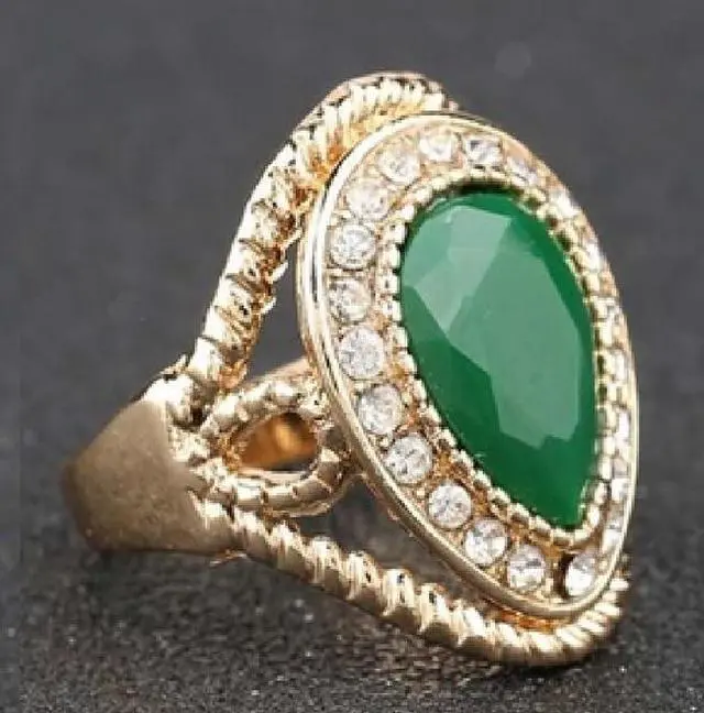 Alt view image 2 of 7 - 14K Yellow Gold-Plated 4.75 CTW Pear Shape Halo Emerald CZ Bouquet Anniversary Wedding Statement Cocktail Party Ring Gift 9