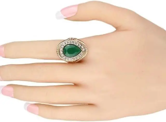 Alt view image 4 of 7 - 14K Yellow Gold-Plated 4.75 CTW Pear Shape Halo Emerald CZ Bouquet Anniversary Wedding Statement Cocktail Party Ring Gift 9