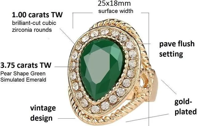Alt view image 3 of 7 - 14K Yellow Gold-Plated 4.75 CTW Pear Shape Halo Emerald CZ Bouquet Anniversary Wedding Statement Cocktail Party Ring Gift 9