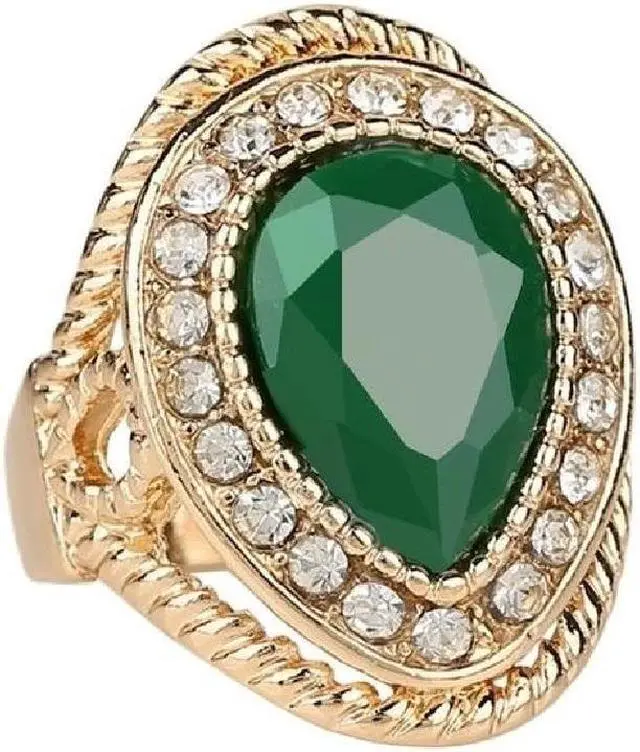 Alt view image 5 of 7 - 14K Yellow Gold-Plated 4.75 CTW Pear Shape Halo Emerald CZ Bouquet Anniversary Wedding Statement Cocktail Party Ring Gift 9
