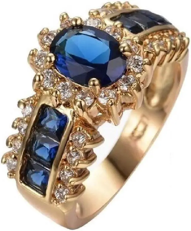 Alt view image 5 of 7 - 18K Yellow Gold Plated 3.50 CTW Sparkling Violet Blue Sapphire CZ Halo Anniversary Wedding Statement Cocktail Party Ring Gift 8.5