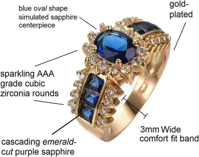 Alt view image 3 of 7 - 18K Yellow Gold Plated 3.50 CTW Sparkling Violet Blue Sapphire CZ Halo Anniversary Wedding Statement Cocktail Party Ring Gift 8.5