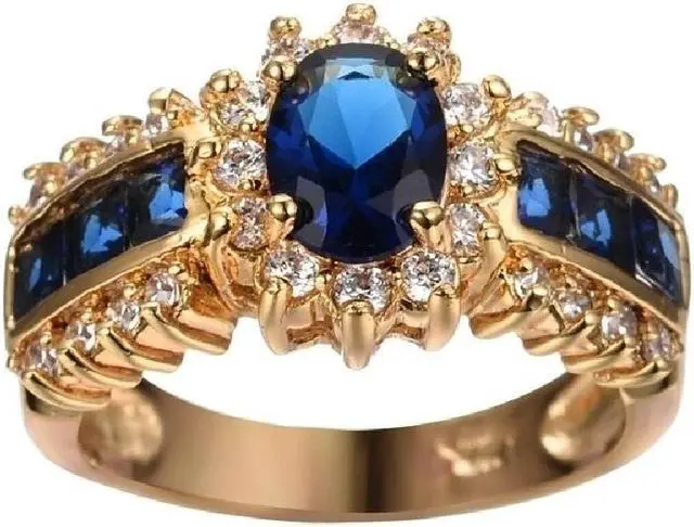 Alt view image 4 of 7 - 18K Yellow Gold Plated 3.50 CTW Sparkling Violet Blue Sapphire CZ Halo Anniversary Wedding Statement Cocktail Party Ring Gift 8.5