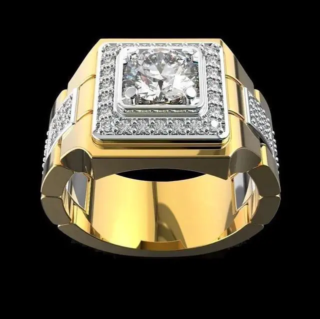 Alt view image 4 of 7 - 18K Yellow Gold-Plated 1.50 CTW Cluster Accent Halo Men Solid Engagement Wedding  Anniversary Statement Party Ring Gift 9