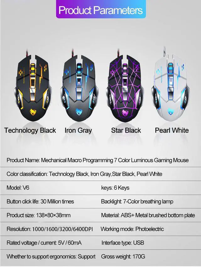 Alt view image 2 of 6 - Gaming Mouse Wired 6400 DPI Programmable 7 colors Breathing Light Ergonomic Game USB Computer Mice RGB Gamer Desktop Laptop PC Gaming Mouse, 6 Buttons for Windows 7/8/10 for work game household