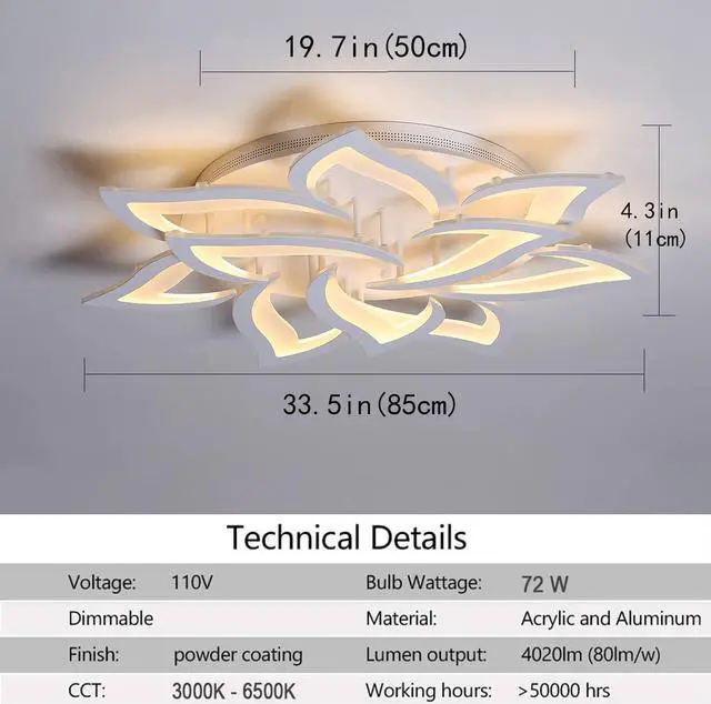 Alt view image 5 of 7 - Dimmable LED Ceiling Light 72W Modern Metal Acrylic Flush Mount Ceiling Lamp with Remote Control Flower Shape Chandelier Lighting Fixture for Living Room Bedroom Kitchen
