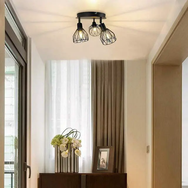 Alt view image 5 of 7 - Semi-Flush Mount Ceiling Light,3-Lights Industrial Multi Directional Ceiling Light Fixtures,Iron Cage Ceiling Lamp Pendant Lighting for Farmhouse Island Dining Room Hallway Bedroom