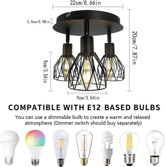 Alt view image 2 of 7 - Semi-Flush Mount Ceiling Light,3-Lights Industrial Multi Directional Ceiling Light Fixtures,Iron Cage Ceiling Lamp Pendant Lighting for Farmhouse Island Dining Room Hallway Bedroom