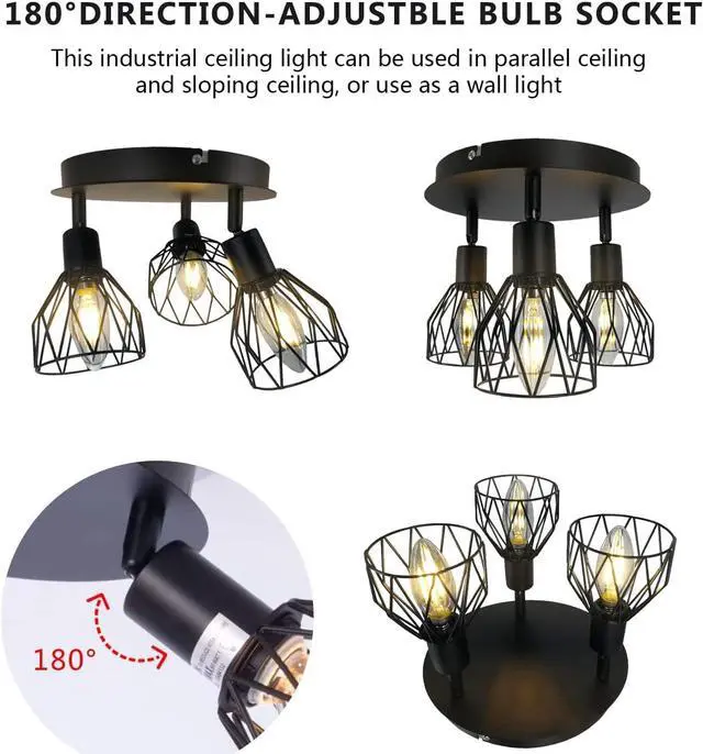 Alt view image 7 of 7 - Semi-Flush Mount Ceiling Light,3-Lights Industrial Multi Directional Ceiling Light Fixtures,Iron Cage Ceiling Lamp Pendant Lighting for Farmhouse Island Dining Room Hallway Bedroom