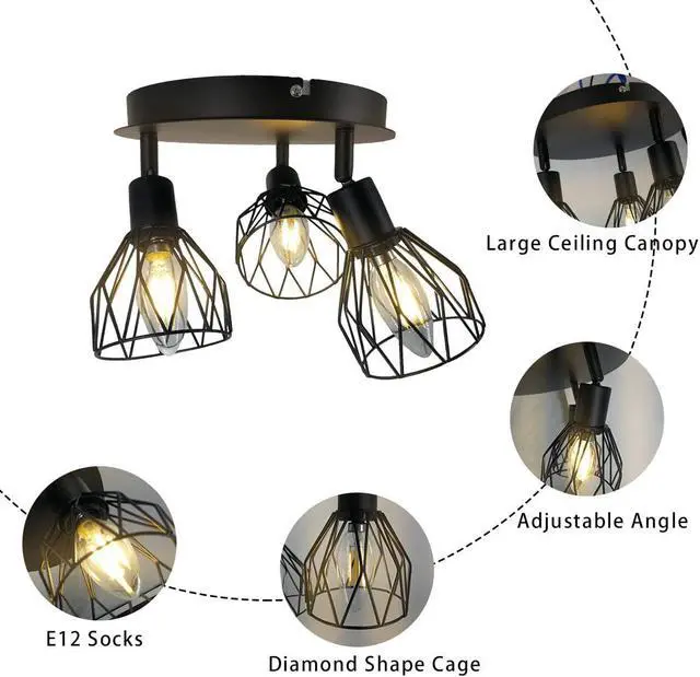 Alt view image 4 of 7 - Semi-Flush Mount Ceiling Light,3-Lights Industrial Multi Directional Ceiling Light Fixtures,Iron Cage Ceiling Lamp Pendant Lighting for Farmhouse Island Dining Room Hallway Bedroom