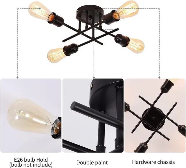 Alt view image 5 of 7 - Black  Modern Ceiling Light Fixture Industrial 4-Light Ceiling Lamp Semi Flush Mount Chandelier Ceiling Lighting for Farmhouse Kitchen Bedroom Living Room, E26 Base(Bulb Not Included)