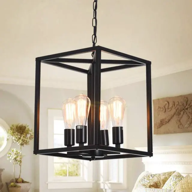 Main image of 4-Light Lantern Chandeliers Industrial Metal Adjustable Height Foyer Pendant Lamp, Rustic Black Hanging Lighting Fixture for Kitchen Island Farmhouse Hallway