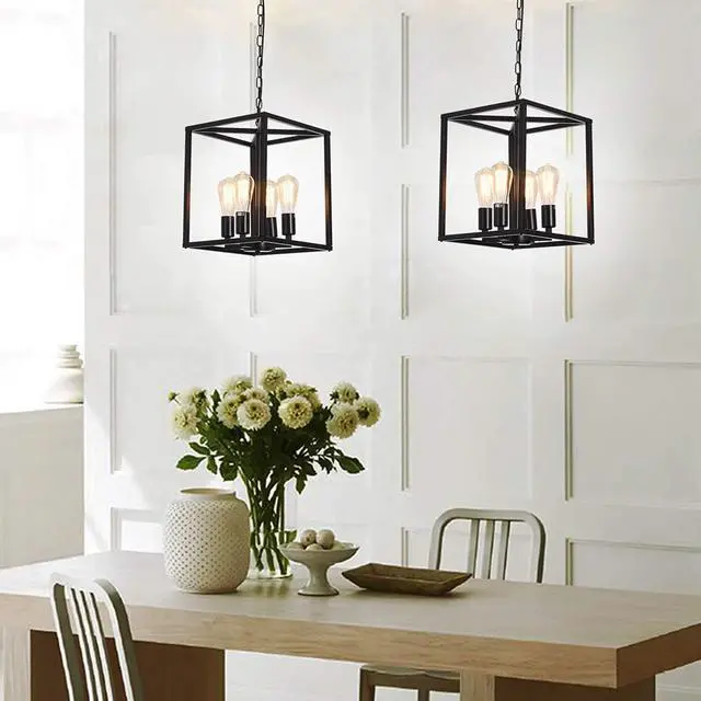 Alt view image 2 of 7 - 4-Light Lantern Chandeliers Industrial Metal Adjustable Height Foyer Pendant Lamp, Rustic Black Hanging Lighting Fixture for Kitchen Island Farmhouse Hallway