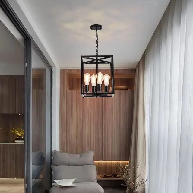 Alt view image 3 of 7 - 4-Light Lantern Chandeliers Industrial Metal Adjustable Height Foyer Pendant Lamp, Rustic Black Hanging Lighting Fixture for Kitchen Island Farmhouse Hallway