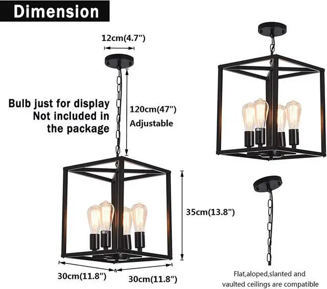 Alt view image 5 of 7 - 4-Light Lantern Chandeliers Industrial Metal Adjustable Height Foyer Pendant Lamp, Rustic Black Hanging Lighting Fixture for Kitchen Island Farmhouse Hallway