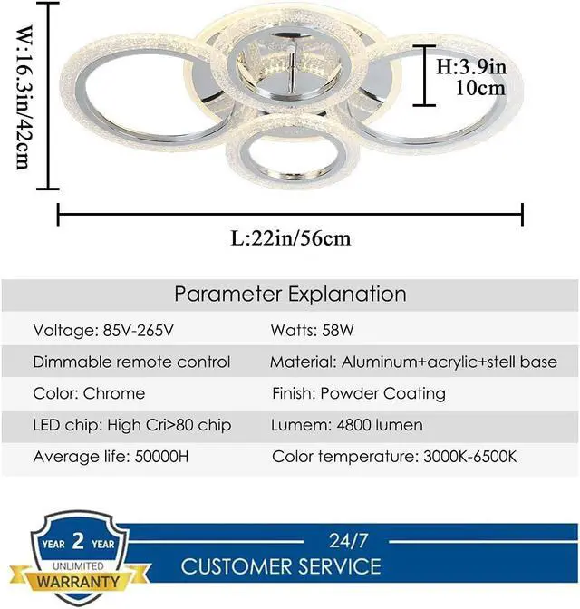 Alt view image 6 of 7 - Modern Ceiling Light 58W Dimmable Flush Mount LED Ceiling Lamp 4 Rings Acrylic Ceiling Chandelier for Living Room Dining Room Bedroom,Chrome
