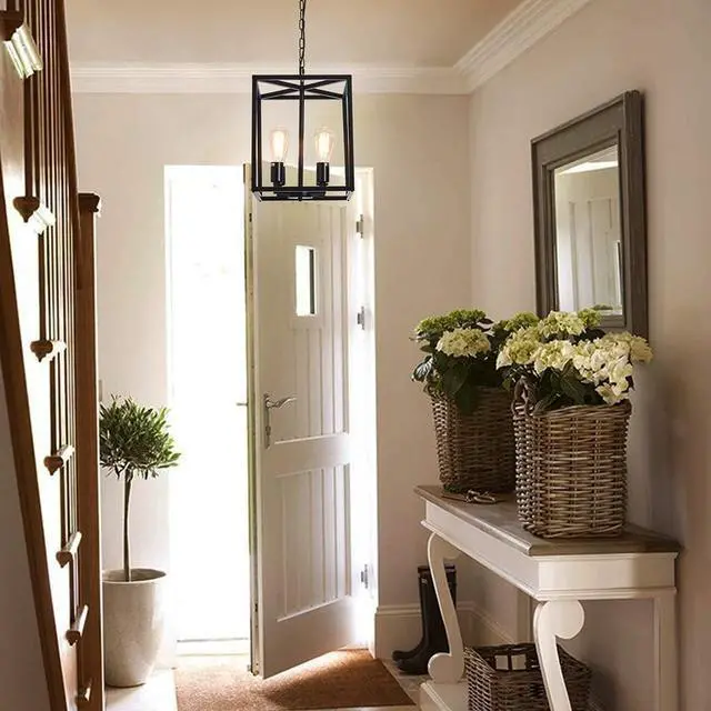 Alt view image 4 of 7 - 4-Light Lantern Chandeliers Industrial Metal Adjustable Height Foyer Pendant Lamp, Rustic Black Hanging Lighting Fixture for Kitchen Island Farmhouse Hallway