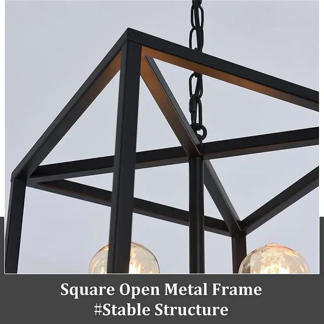 Alt view image 6 of 7 - 4-Light Lantern Chandeliers Industrial Metal Adjustable Height Foyer Pendant Lamp, Rustic Black Hanging Lighting Fixture for Kitchen Island Farmhouse Hallway