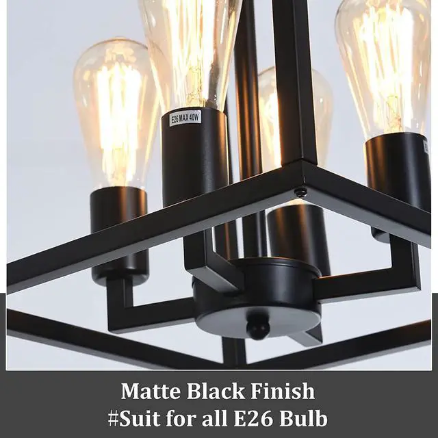Alt view image 7 of 7 - 4-Light Lantern Chandeliers Industrial Metal Adjustable Height Foyer Pendant Lamp, Rustic Black Hanging Lighting Fixture for Kitchen Island Farmhouse Hallway