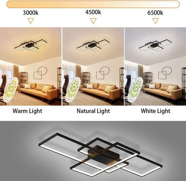 Alt view image 5 of 7 - Garwarm Dimmable Ceiling Light,3 Squares Modern LED Ceiling Lamps with Remote Control,50W Acrylic Flush Mount Ceiling Light Fixture for Living Dining Room Bedroom Kitchen(Black)