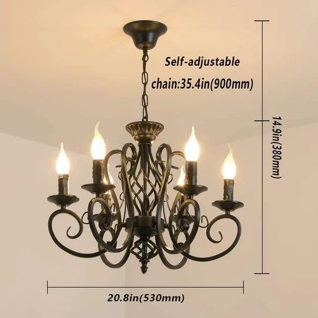 Alt view image 6 of 7 - Rustic French Country Chandelier,6 Lights Farmhouse Candle Iron Chandeliers,Vintage Metal Pendant Light Fixture for Kitchen Island,Dining Room,Bedroom