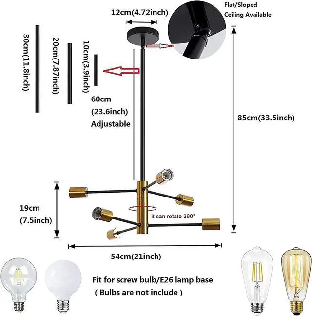 Alt view image 5 of 7 - Sputnik Chandelier Mid Century Modern Chandeliers Light Fixture Industrial Adjustable Black & Gold Ceiling Pendant Lighting for Living Room Dining Bedroom Kitchen Foyer (6-Light)