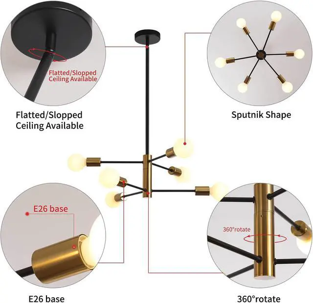 Alt view image 6 of 7 - Sputnik Chandelier Mid Century Modern Chandeliers Light Fixture Industrial Adjustable Black & Gold Ceiling Pendant Lighting for Living Room Dining Bedroom Kitchen Foyer (6-Light)