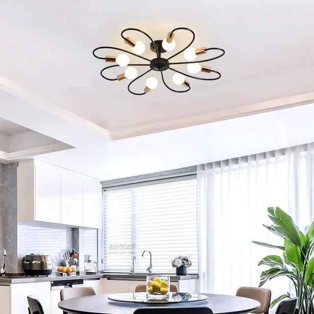 Alt view image 3 of 7 - 8-Light Semi Flush Ceiling Light, Modern Sputnik Chandeliers Mid-Century Metal Pendant Lighting, Industrial Vintage Ceiling Lamp Fixture for Kitchen Dining Living Room Bedroom(Black&Gold)