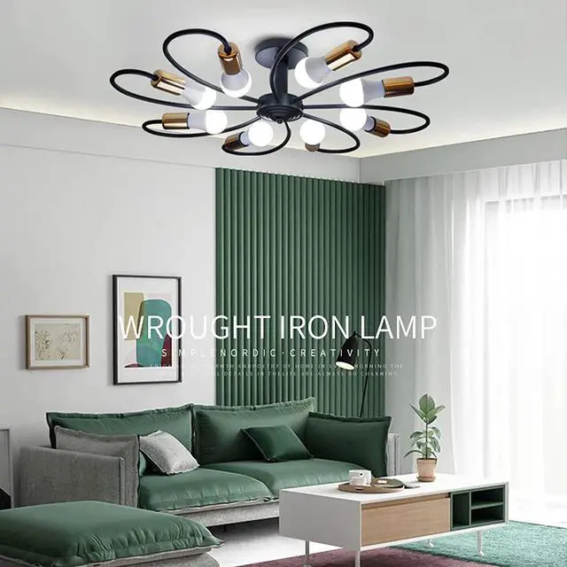 Alt view image 4 of 7 - 8-Light Semi Flush Ceiling Light, Modern Sputnik Chandeliers Mid-Century Metal Pendant Lighting, Industrial Vintage Ceiling Lamp Fixture for Kitchen Dining Living Room Bedroom(Black&Gold)