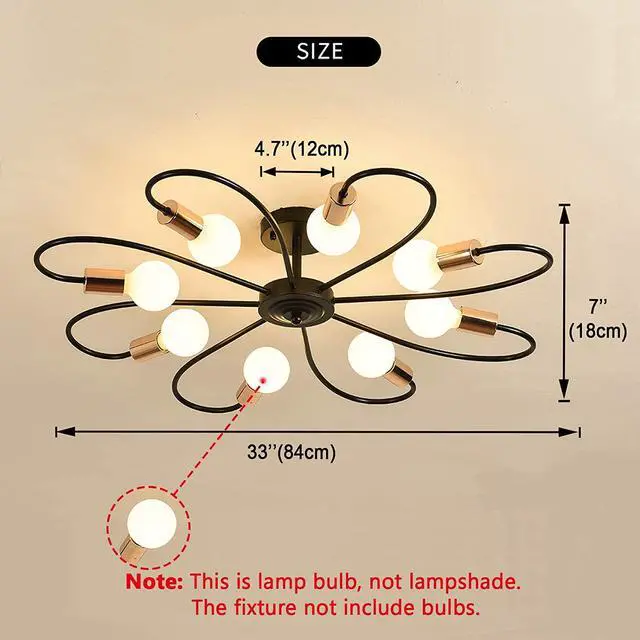 Alt view image 6 of 7 - 8-Light Semi Flush Ceiling Light, Modern Sputnik Chandeliers Mid-Century Metal Pendant Lighting, Industrial Vintage Ceiling Lamp Fixture for Kitchen Dining Living Room Bedroom(Black&Gold)
