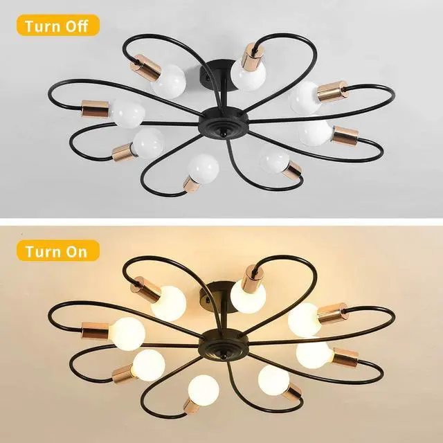 Alt view image 7 of 7 - 8-Light Semi Flush Ceiling Light, Modern Sputnik Chandeliers Mid-Century Metal Pendant Lighting, Industrial Vintage Ceiling Lamp Fixture for Kitchen Dining Living Room Bedroom(Black&Gold)