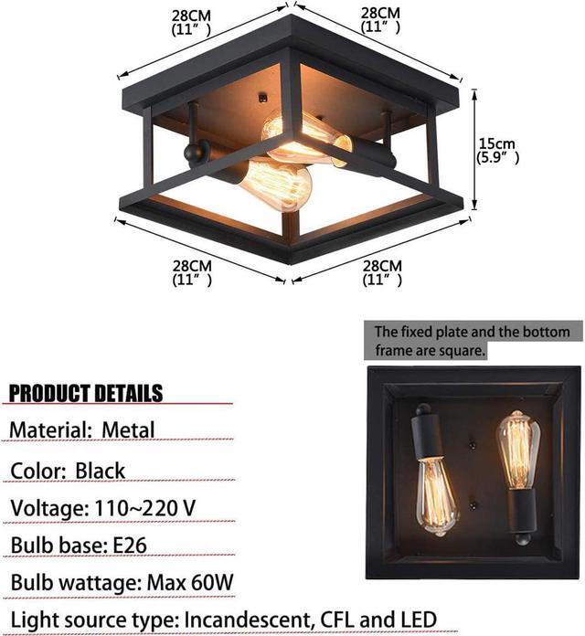 Alt view image 6 of 7 - Retro Rectangle Flush Mount Ceiling Light,Industrial Farmhouse Close to Ceiling Light Black Ceiling Lamp with 2-Light for Kitchen Island Dining Room Bedroom Foyer Hallway