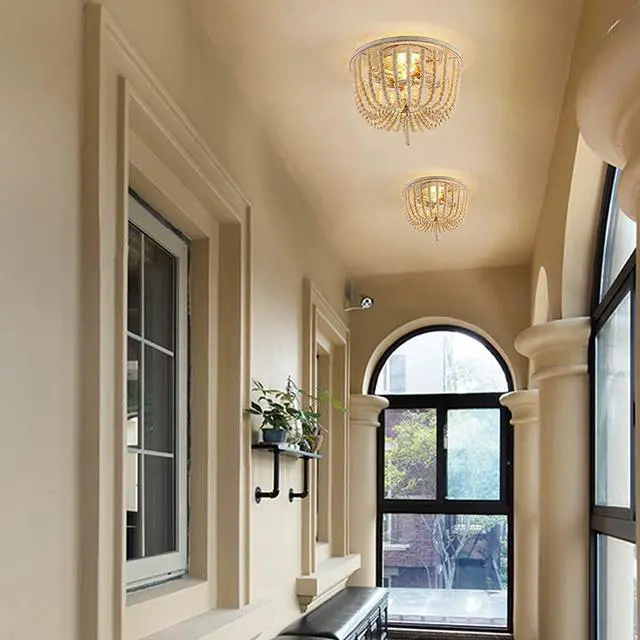 Alt view image 3 of 7 - Wood Beaded Ceiling Light, Boho Farmhouse Chandeliers Lighting Fixture, 2-Light Semi Flush Mount Ceiling Lamp for Bedroom Living Room Kitchen