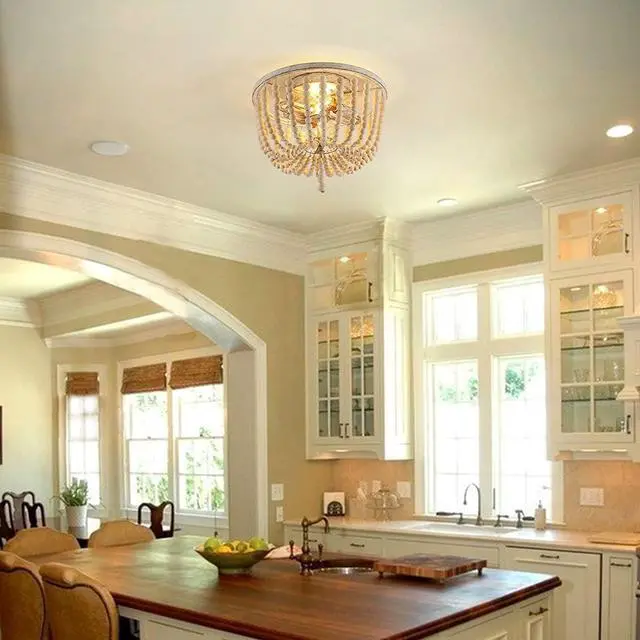 Alt view image 4 of 7 - Wood Beaded Ceiling Light, Boho Farmhouse Chandeliers Lighting Fixture, 2-Light Semi Flush Mount Ceiling Lamp for Bedroom Living Room Kitchen