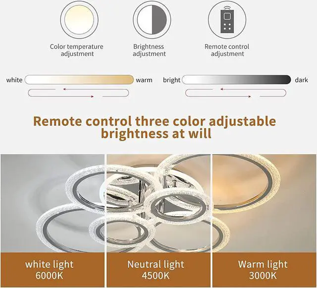 Alt view image 5 of 7 - Garwarm LED Ceiling Lamp 76W Modern Close to Ceiling Light Dimmable 6 Rings Ceiling Chandelier for Living Room Bedroom,Chrome