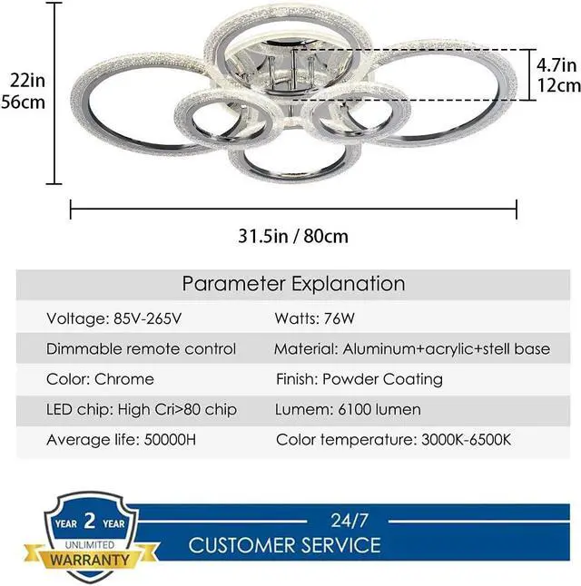 Alt view image 7 of 7 - Garwarm LED Ceiling Lamp 76W Modern Close to Ceiling Light Dimmable 6 Rings Ceiling Chandelier for Living Room Bedroom,Chrome