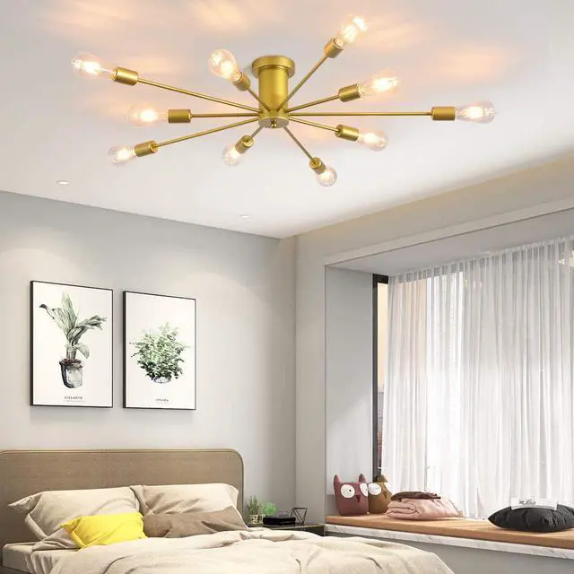 Alt view image 2 of 7 - Garwarm 10 Lights Modern Sputnik Ceiling Chandelier Gold Industrial Ceiling Lamp Mid Century Semi Flush Mount Ceiling Light Fixture for Kitchen Dining Room Living Room Bedroom Foyer Lighting