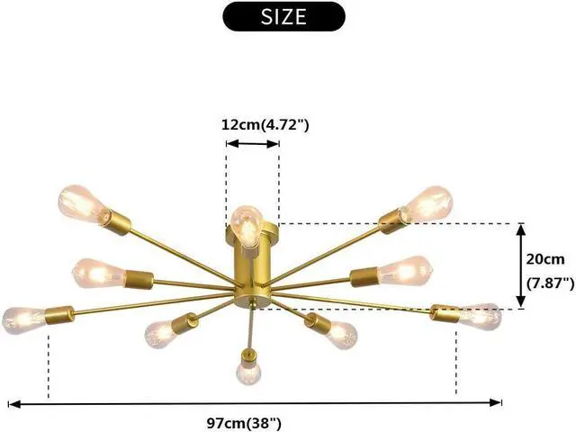 Alt view image 6 of 7 - Garwarm 10 Lights Modern Sputnik Ceiling Chandelier Gold Industrial Ceiling Lamp Mid Century Semi Flush Mount Ceiling Light Fixture for Kitchen Dining Room Living Room Bedroom Foyer Lighting