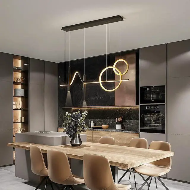 Alt view image 3 of 7 - Garwarm Modern LED Pendant Light, Dimmable Creative LED Chandelier Linear Wave Light Fixture, LED Hanging Light Fixture for Dining Room Kitchen Island Living Room Breakfast Area (45W Black & Gold)