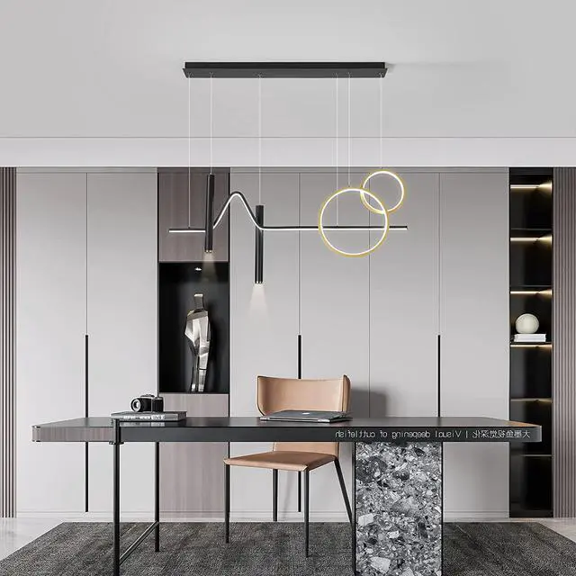 Alt view image 4 of 7 - Garwarm Modern LED Pendant Light, Dimmable Creative LED Chandelier Linear Wave Light Fixture, LED Hanging Light Fixture for Dining Room Kitchen Island Living Room Breakfast Area (45W Black & Gold)