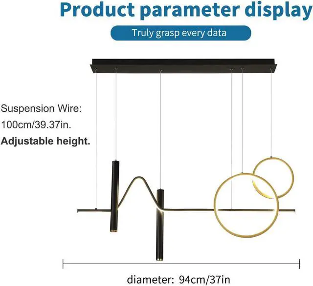 Alt view image 5 of 7 - Garwarm Modern LED Pendant Light, Dimmable Creative LED Chandelier Linear Wave Light Fixture, LED Hanging Light Fixture for Dining Room Kitchen Island Living Room Breakfast Area (45W Black & Gold)