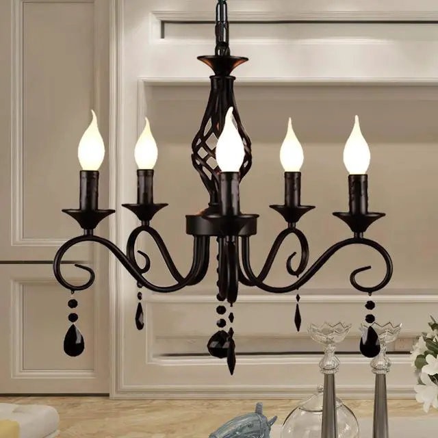 Main image of Garwarm French Country Chandeliers,5 Lights Black Crystal Candle Chandelier,Industrial Vintage Pendant Light Fixture Hanging Light for Island Kitchen Dining Room Farmhouse