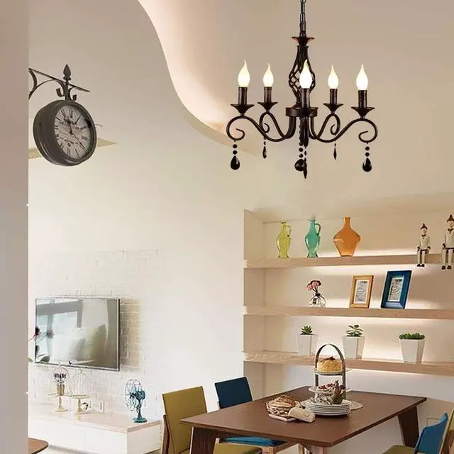 Alt view image 2 of 7 - Garwarm French Country Chandeliers,5 Lights Black Crystal Candle Chandelier,Industrial Vintage Pendant Light Fixture Hanging Light for Island Kitchen Dining Room Farmhouse