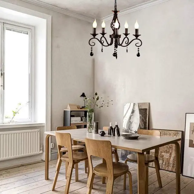 Alt view image 4 of 7 - Garwarm French Country Chandeliers,5 Lights Black Crystal Candle Chandelier,Industrial Vintage Pendant Light Fixture Hanging Light for Island Kitchen Dining Room Farmhouse