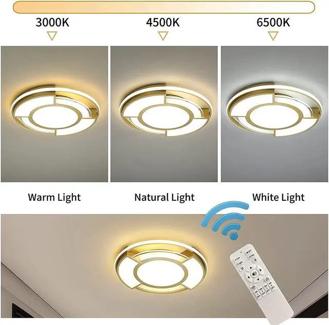 Alt view image 5 of 7 - Garwarm 30W Dimmable Ceiling Light Fixture, Gold Modern Led Ceiling Light with Remote Control, Flush Mounted Chandelier Lighting Fixture for Bedroom Kitchen Dining Room Hallway Office, Round