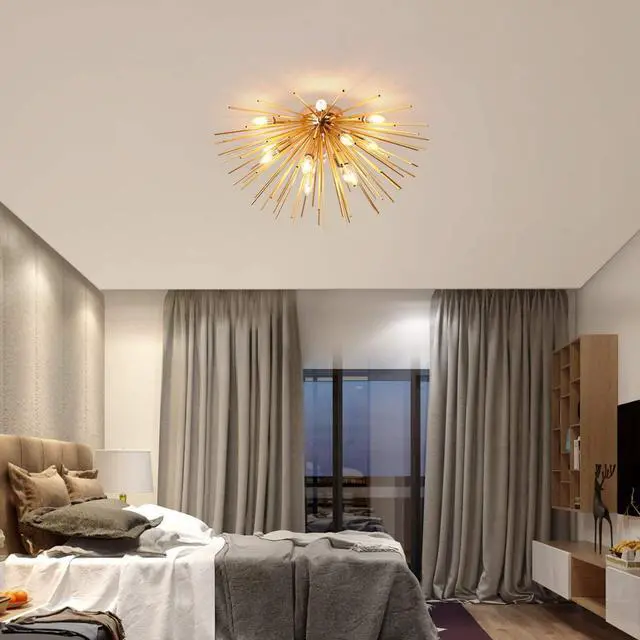 Alt view image 3 of 7 - Garwarm Sputnik Chandelier Light Fixtures,Mid-Century Gold Chandelier with 12 Lights,Semi Flush Mount Ceiling Light for Bedroom Living Dining Room,E12,Dia 29.5 Inch