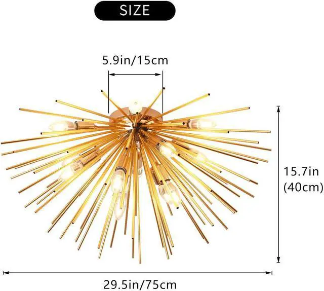 Alt view image 6 of 7 - Garwarm Sputnik Chandelier Light Fixtures,Mid-Century Gold Chandelier with 12 Lights,Semi Flush Mount Ceiling Light for Bedroom Living Dining Room,E12,Dia 29.5 Inch