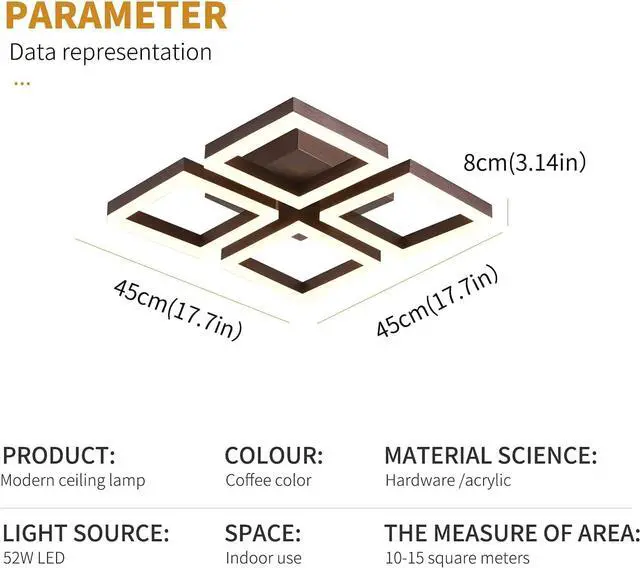 Alt view image 6 of 7 - Garwarm LED Ceiling Light Fixture,52W Ceiling Lamp 4 Square Modern Chandelier Lighting with Remote Control for Living Room,Bedroom,Dining Room,Kitchen,Coffee Color