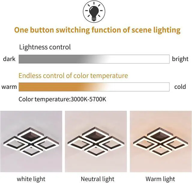 Alt view image 7 of 7 - Garwarm LED Ceiling Light Fixture,52W Ceiling Lamp 4 Square Modern Chandelier Lighting with Remote Control for Living Room,Bedroom,Dining Room,Kitchen,Coffee Color